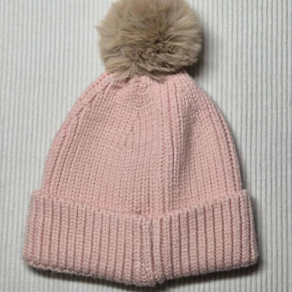 Steve Madden Women's Wide‎ Cuff Blush Pink Faux Fur Pom Beanie Hat One Size